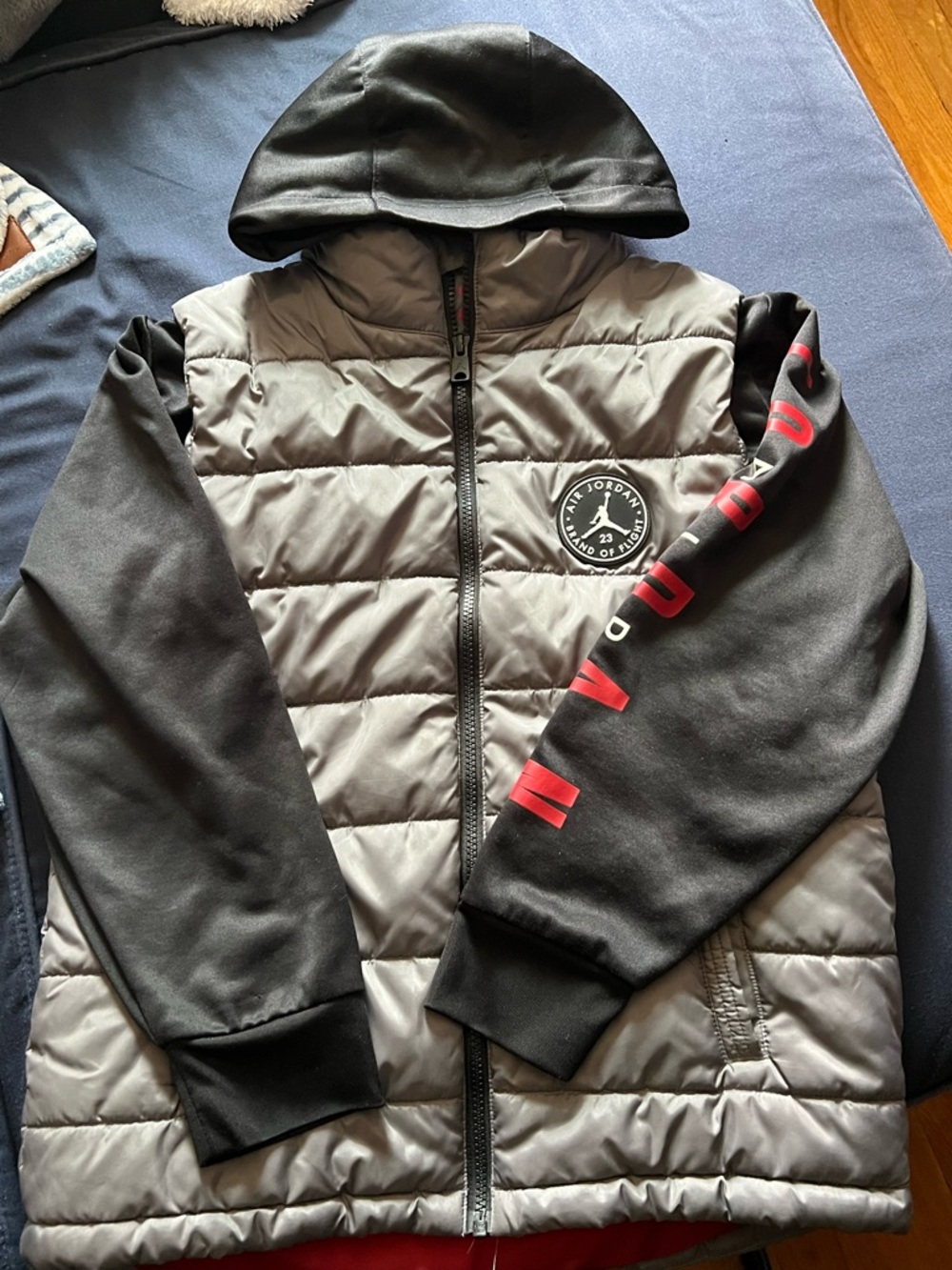 Jordan Hooded Puffer Jacket in Gray, Black and Red Accents